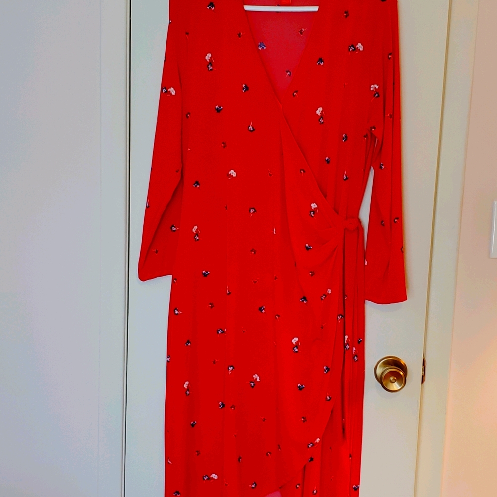 Red Print Surplice Dress with Tie belt, worn once